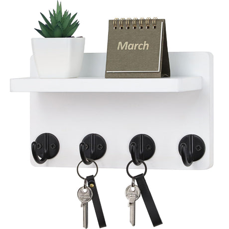 Nekon Key Holder Wall Mount 8.5 Inch Small Home Decor Wooden Wall Organizer with 4 Hooks and Shelf Wall Decor for Living Room Entryway Kitchen (White)