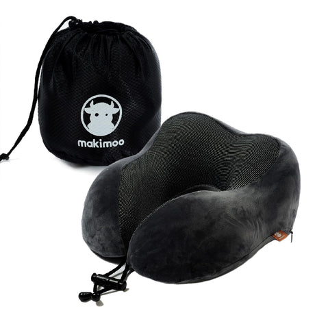 Makimoo Memory Foam Travel Pillow Neck Pillow with 360-Degree Head Support Comfortable and Lightweight Ideal for Sleeping on Airplane Car Train Bus and Home Use Comes with Storage Bag (Grey)