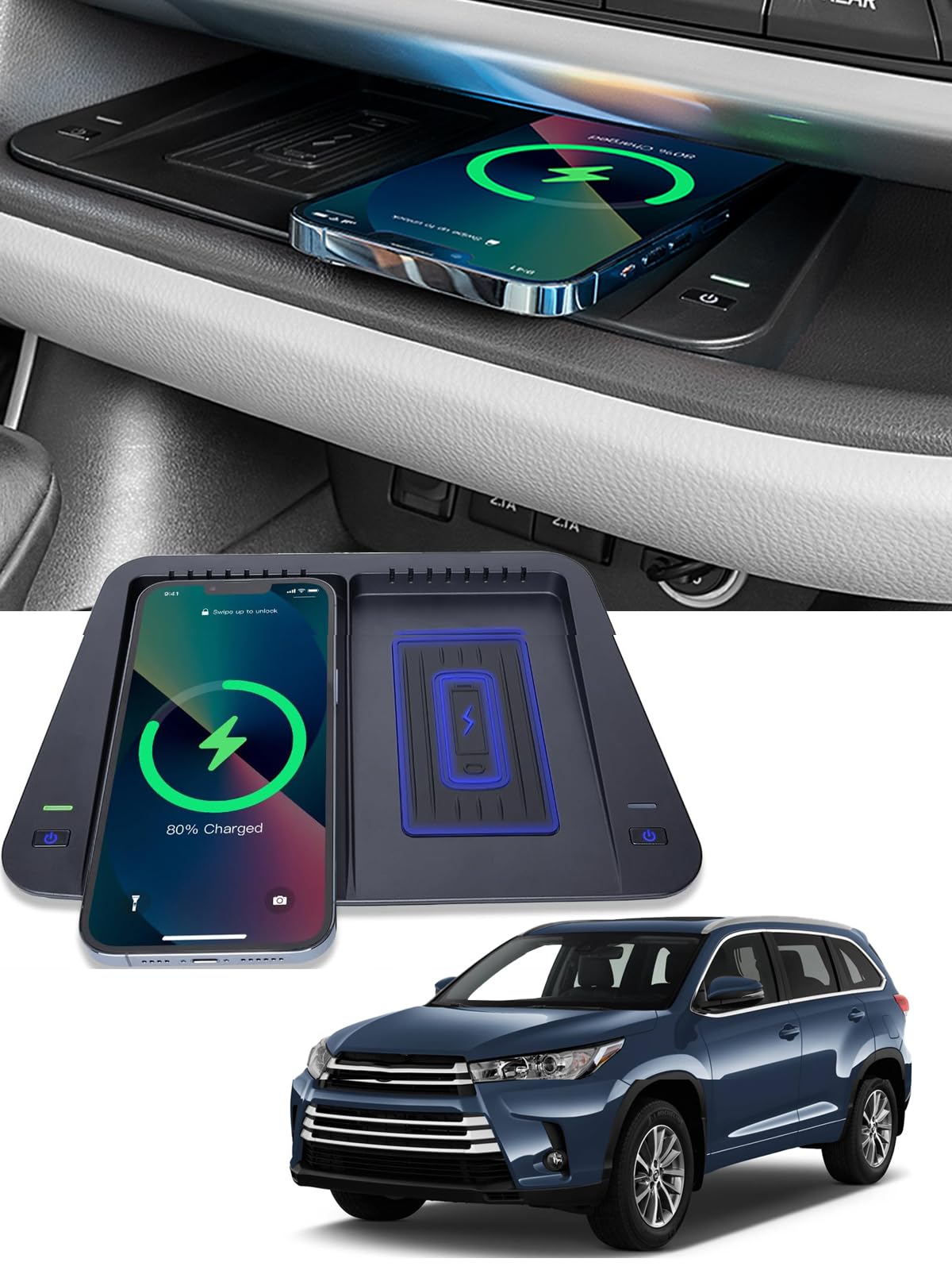 CarQiWireless Wireless Charger for Toyota Highlander Accessories 2014-2019 2018 2017 2016 2015 Center Console Organizer Wireless Phone Charging Pad for 2015 2016 2017 Toyota Highlander Accessories