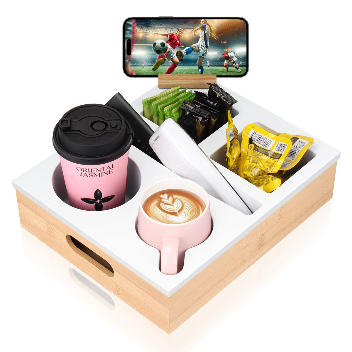 ByNaRIX Couch Cup Holder Tray Couch Caddy with Rotatable Phone Holder Wooden Sofa Cup Holder with Carrying Handle for Bed Car Beach Organizer Anti-Spill for Snacks Beverage Remote