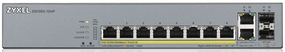 Zyxel 12-Port Gigabit PoE Cloud Managed Switch, 8 x PoE 130W CCTV GS1350-12HP