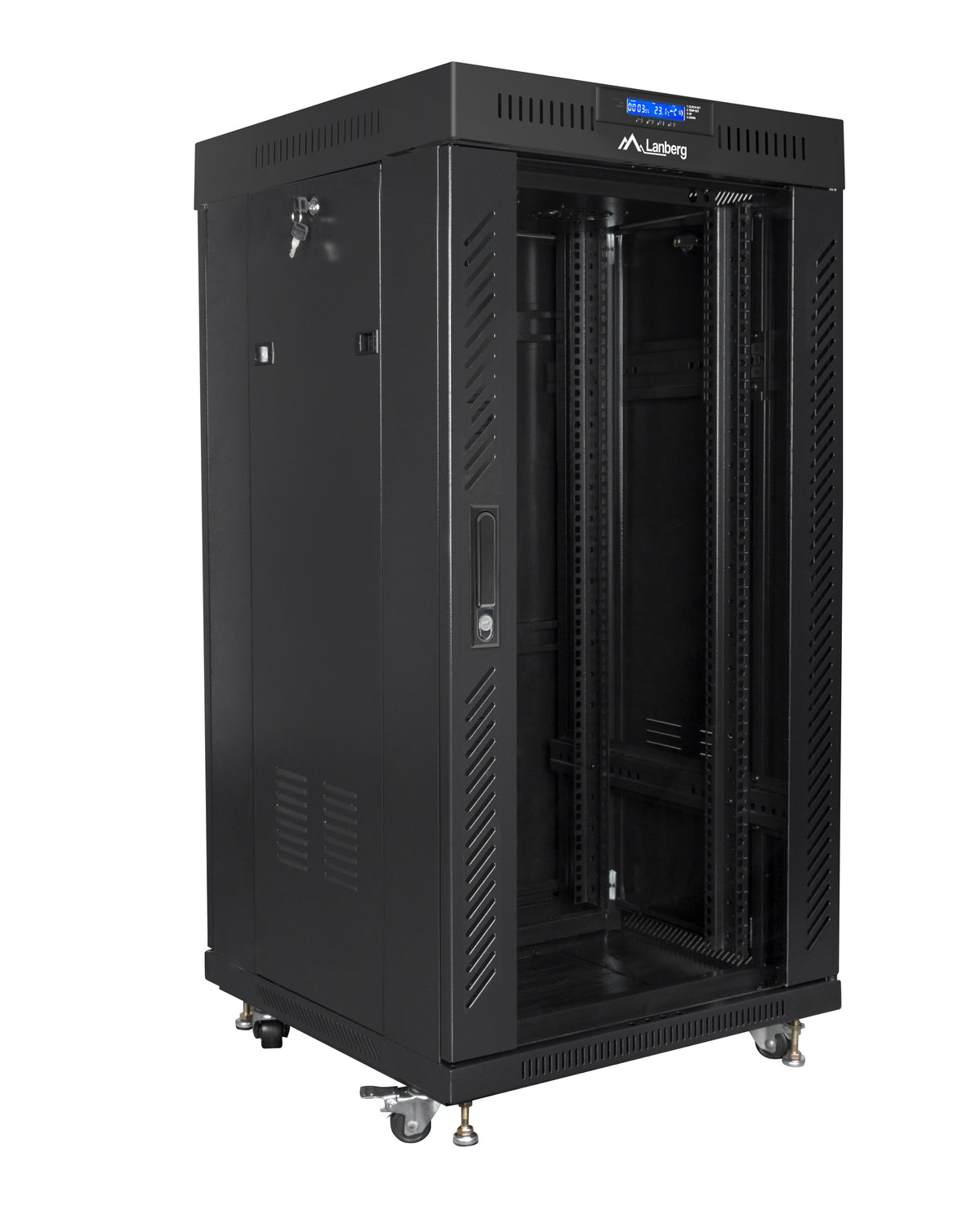 Lanberg Free Standing Cabinet 19'' with Glass Door 22U 60cm Ventilation Panel with LCD, 2 Fans & Thermostat Black (not assembled)