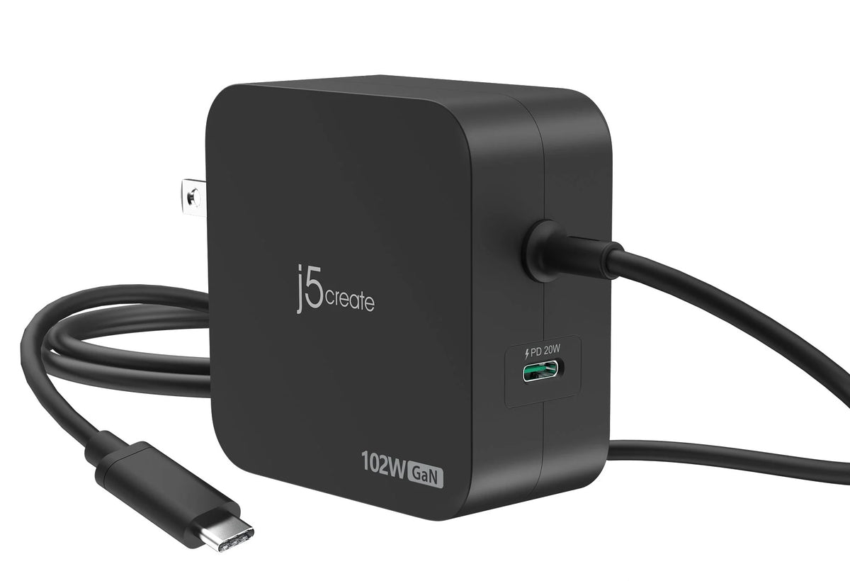 j5create Charger Wall Travel 102W GaN 2xUSB-C + USB-C Cable JUP25102V