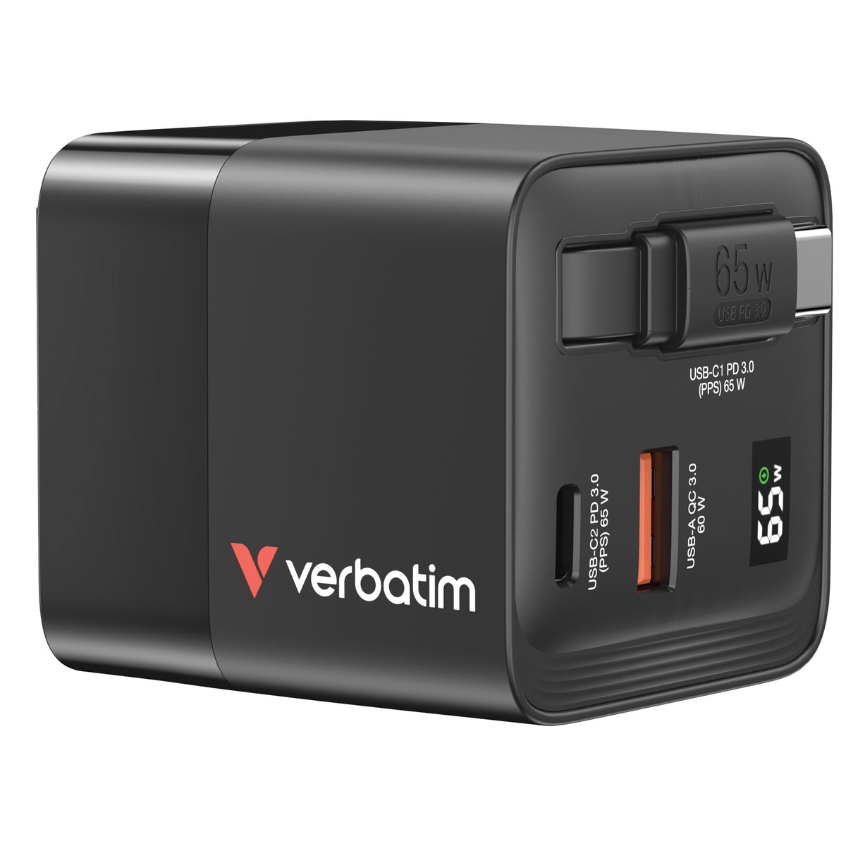 Verbatim Charger Wall 65W GaN 2-Port Retractable Cable & Display