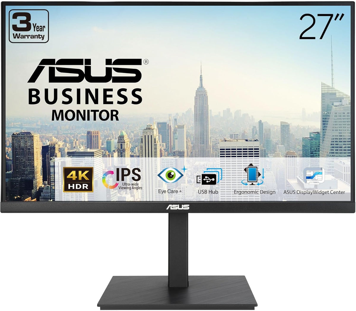 ASUS Monitor Business 27" 4K UHD 60Hz IPS Frameless USB Hub DP Dual-HDMI Speakers Full Ergonomic VA27UQSB