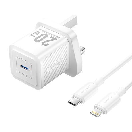 Vention Charger Wall GaN 20W 1xUSBC UK+Lightning Cable White FEPW0