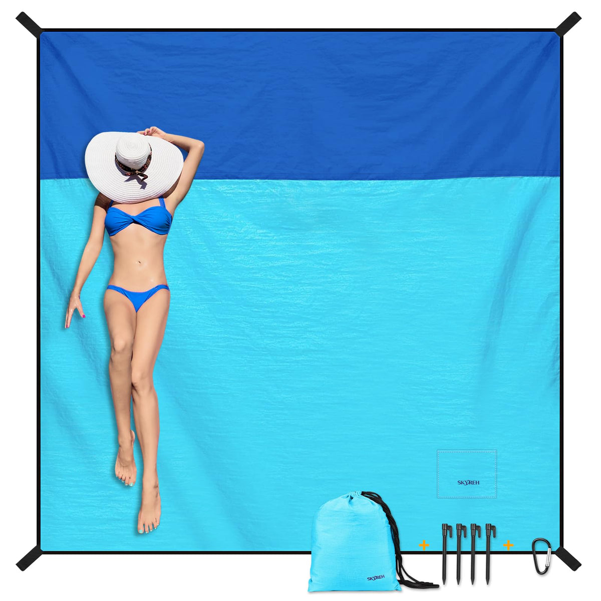 SKYREH Beach Blanket Waterproof Sandproof Large Beach Mat 79" X 87" Quick Drying Durable Portable Lightweight Outdoor Nylon Picnic Blanket for Travel Camping Hiking Blue