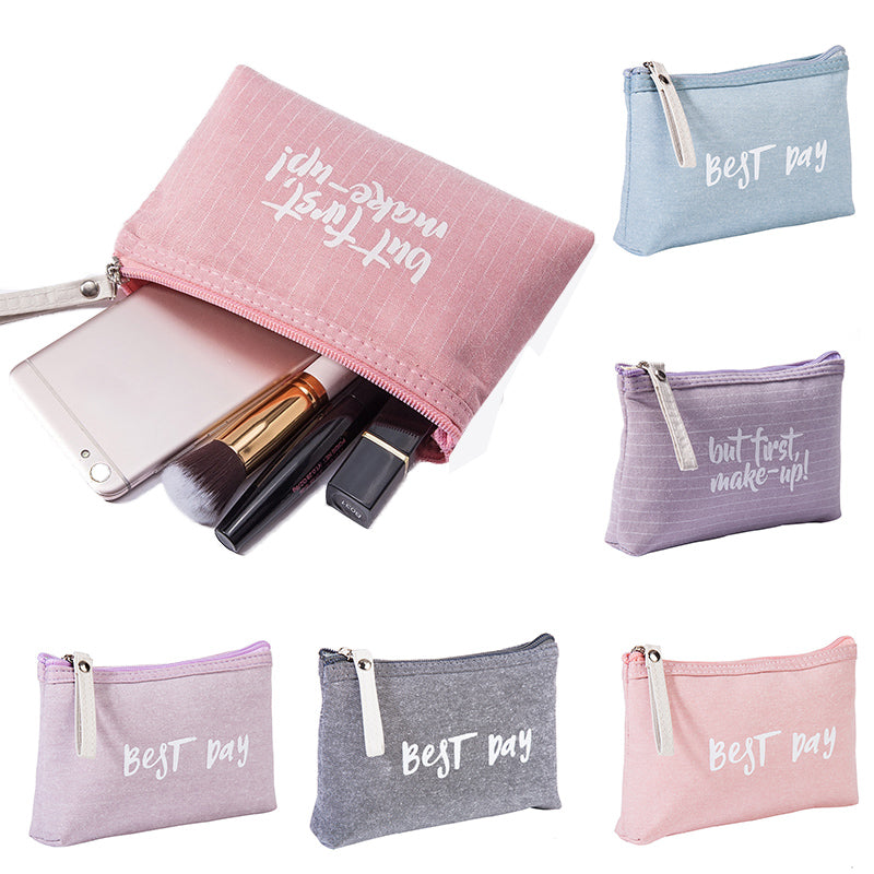 Letter Flower Print Canvas Makeup Bag for Women
