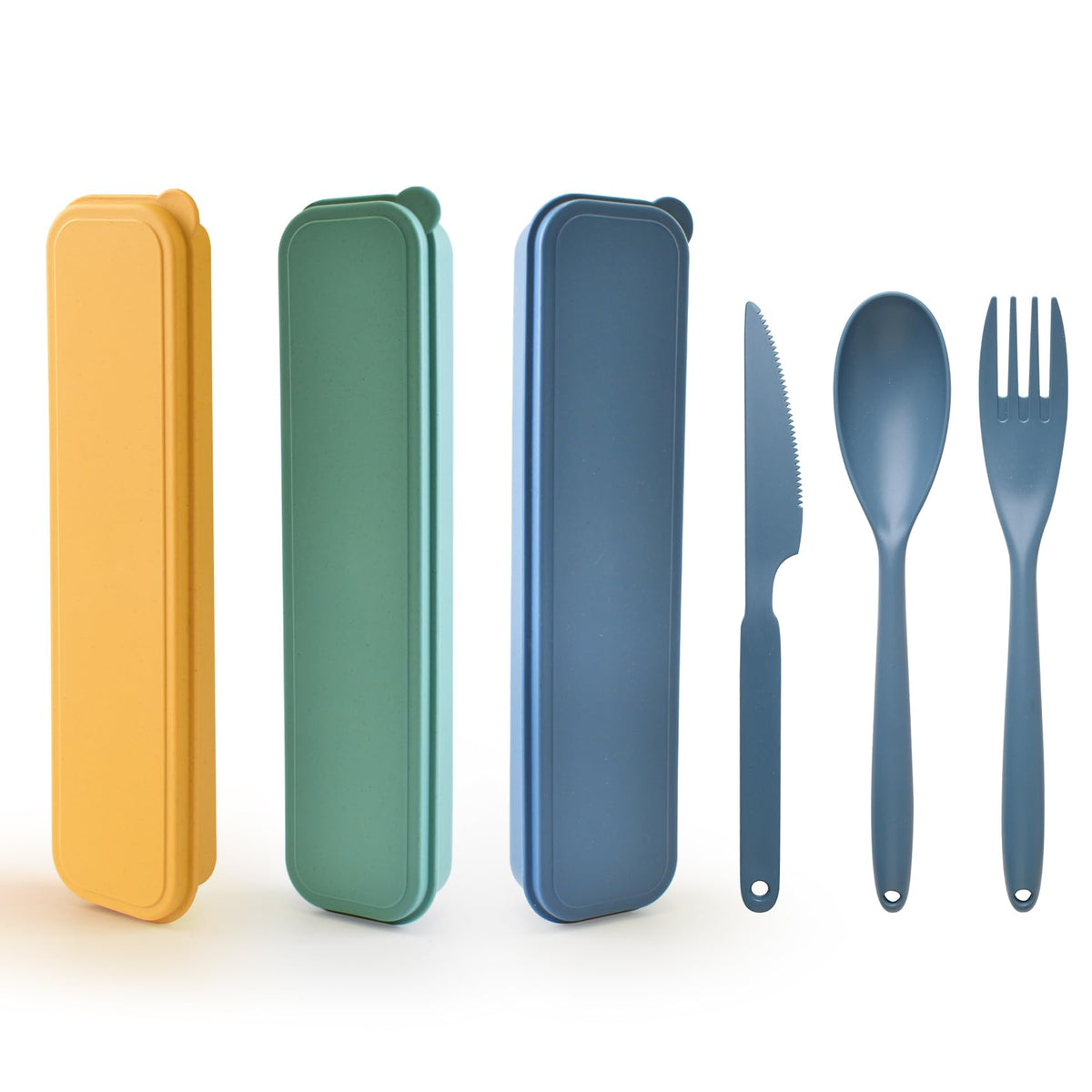 Large Reusable Utensils Set with Case 3 Sets Travel Utensils with Case Portable Knife Fork and Spoon Set for Lunch Box Camping Picnic Work or Daily Use (Yellow Dark Blue Dark Green)