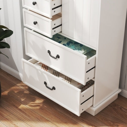 51'' Farmhouse Drawer Chest With Sliding Door, Multi-Storage Drawer Dresser With 5 Drawers And Storage Shelf, Tall Chest Of Drawers With Adjustable Shelves For Bedroom, Living Room