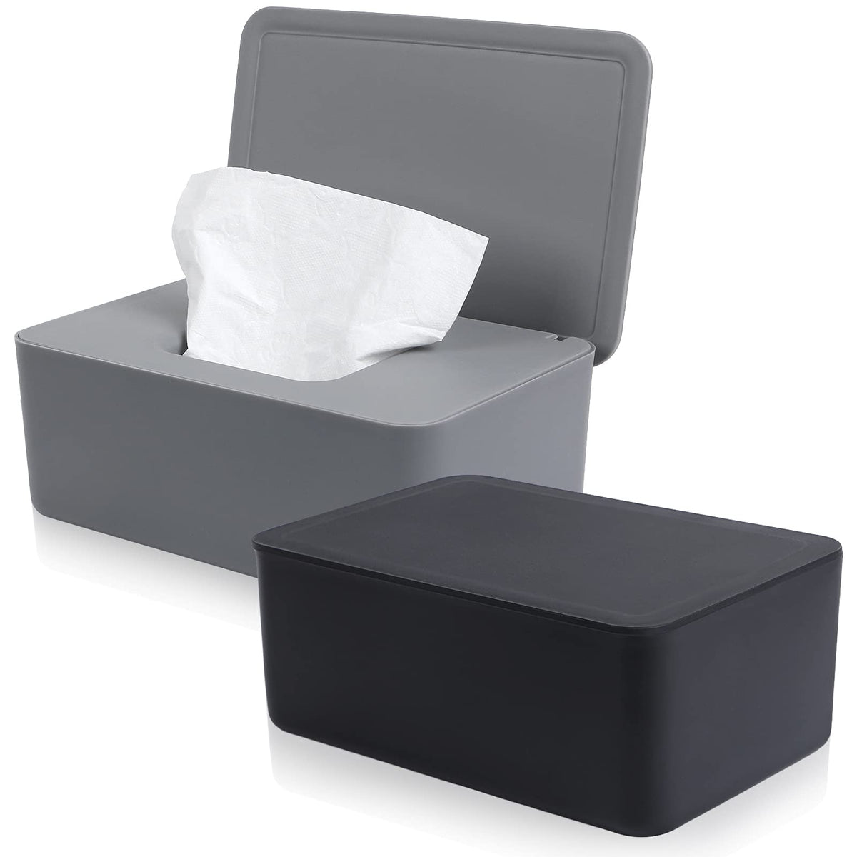 MIKIMIQI Wet Wipes Storage Box 2 Pack Wipes Dispenser Holder Tissue Storage Boxes Case with Lid Diaper Wipes Dispenser Box Dustproof Napkin Container with Sealing Design (Black Grey)