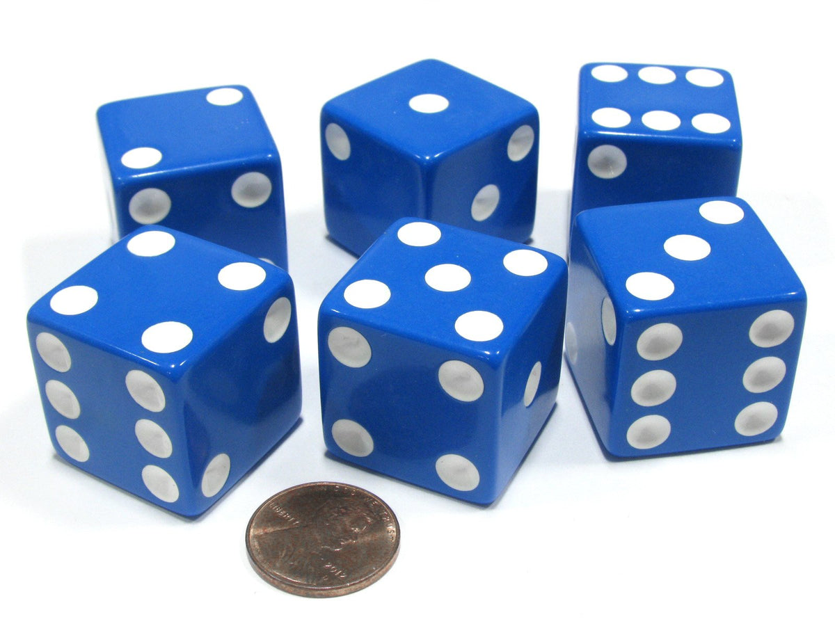 Koplow Games Set of 6 D6 25mm Large Opaque Jumbo Dice - Blue with White Pip