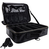 Oewoer PU Leather Professional Makeup Case 16 Inches Large Travel Makeup Bag Organizer with Shoulder Strap（L-Black Crocodile）