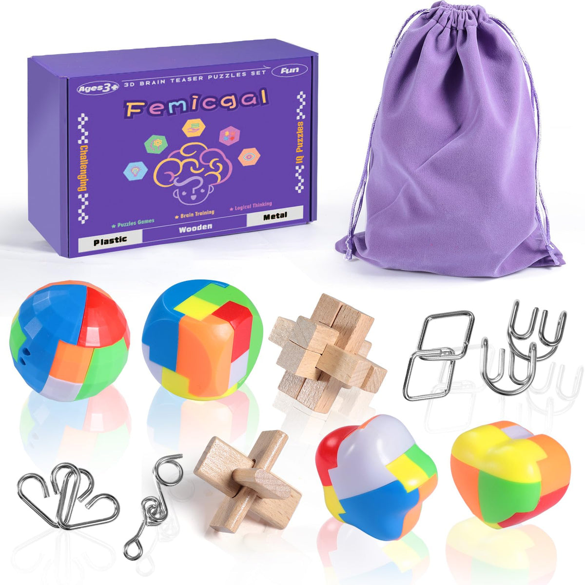 Femicgal Brain Teaser Puzzles for Adults and Kids 10Pcs Puzzle Games Set 3D Wooden Plastic Metal Puzzle Unlock Interlock Mind Brain Games IQ Test Educational Toy