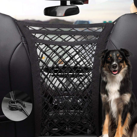 PRIDEEP Dog Car Net Barrier 3 Layer 15.7×13.7 with Auto Safety Mesh Organizer Stretchable Storage Bag Backseat Mesh Universal for Cars SUVs -Easy Install Safer to Drive with Pets and Children