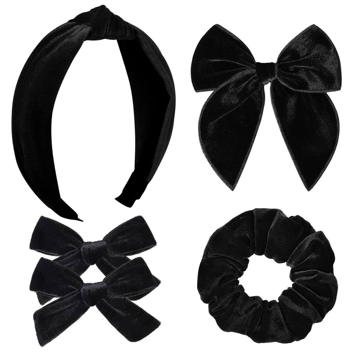 DEEKA Velvet Hair Bows & Knotted Headband & Scrunchy Fable Hair Bow Headband Set Velvet Scrunchies Alligator Clips for Toddler Girls Hair Accessories for Women and Girls (Black)