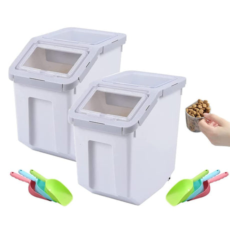 YXQ 2Pcs Dog Food Storage Container Airtight Box Grey10kg Bulk Dry Food Grain Storage Barrels Sealed BucketPets Food Bin with Seal Locking Lid WheelsMeasuring Cup1pcs Scoops(Random Color)