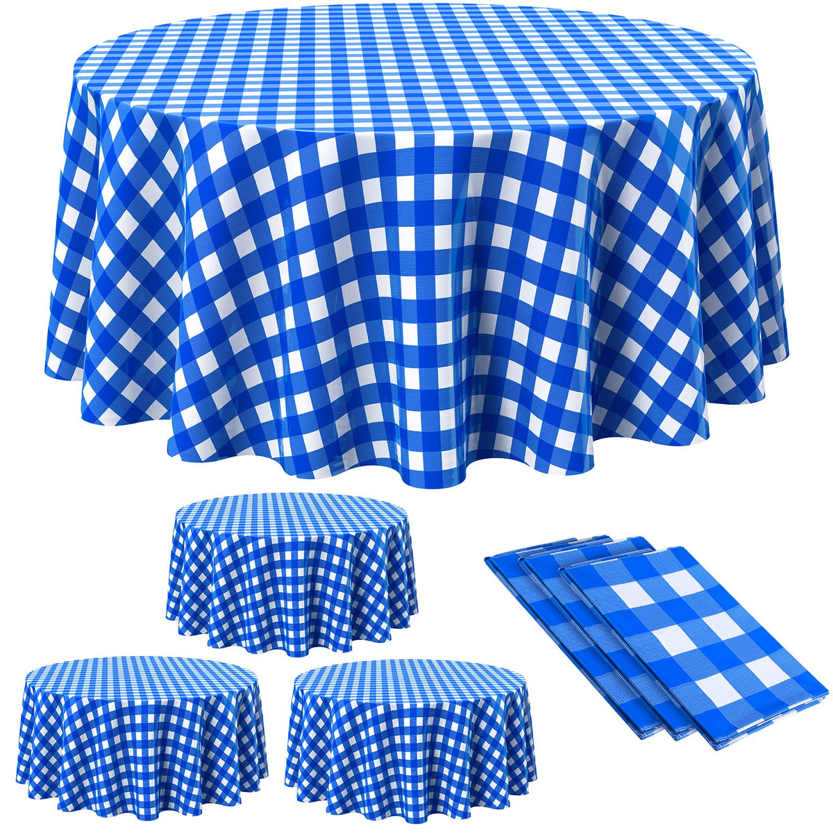 Remagr Disposable Checkered Tablecloth Round Plastic Buffalo Plaid Table Cloth 84 Gingham Tablecover for Picnic Camping BBQ Graduation Party (Blue and White 3 Pieces)
