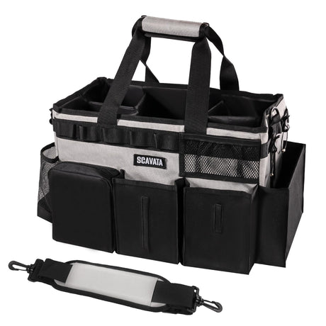 SCAVATA Wearable Cleaning Caddy Bag Cleaning Caddy Supplies Organizer with Handle & Shoulder Straps for Housekeepers Under Sink & Car Cleaning Tool Organizers with 4 Foldable Divider (Grey)