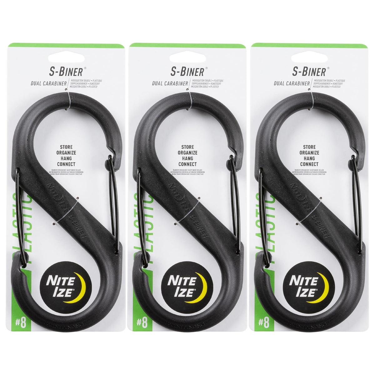 Nite Ize S-Biner Plastic Dual Carabiner - Daily Use Double-Sided S-Biner - Dual Clip Carabiner Accessory for Holding & Organizing - Double-Gated S-Biner for Camping & More - Black Size 8 (3 Pack)