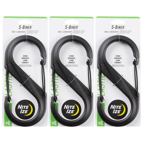 Nite Ize S-Biner Plastic Dual Carabiner - Daily Use Double-Sided S-Biner - Dual Clip Carabiner Accessory for Holding & Organizing - Double-Gated S-Biner for Camping & More - Black Size 8 (3 Pack)