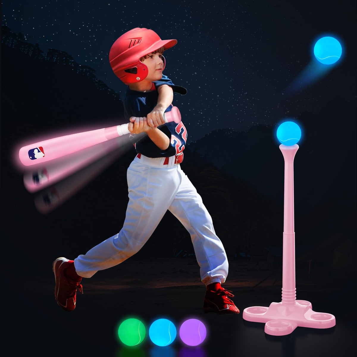 Leshein T Ball Set Light Up LED Baseball Toys for Kids Toddlers 3-10 Glow in The Dark Tee Ball Set Rechargeable Portable Toddler Outdoor Toys for Barkyard Camping Gifts for Boys Girls (Pink)
