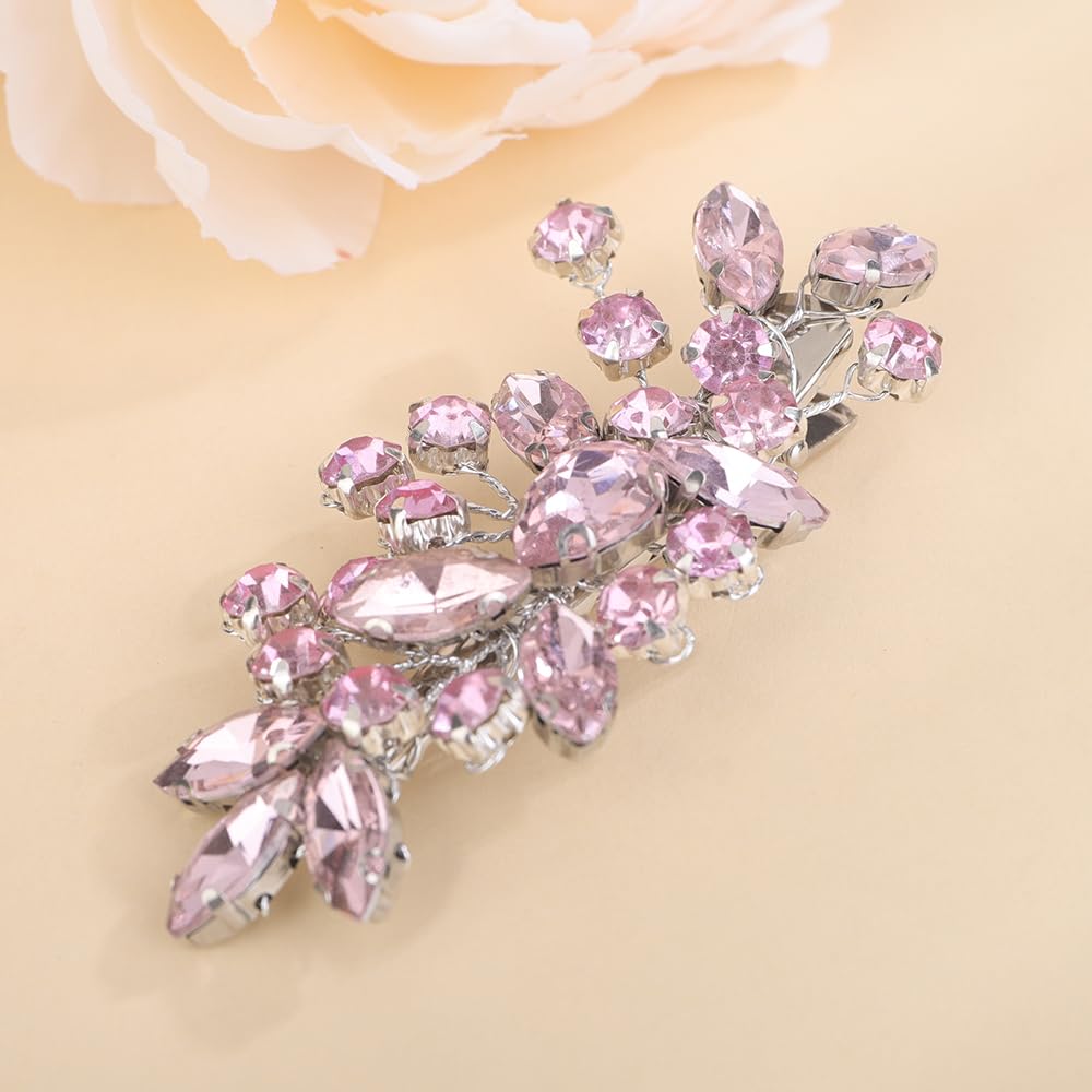 Teyglen Pink Rhinestone Hair Clip Bridal Crystal Hair Barrette for Women Sparkly Hair Piece Wedding Hair Clips Hair Accessories for Women (Pink)