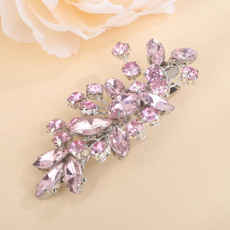 Teyglen Pink Rhinestone Hair Clip Bridal Crystal Hair Barrette for Women Sparkly Hair Piece Wedding Hair Clips Hair Accessories for Women (Pink)