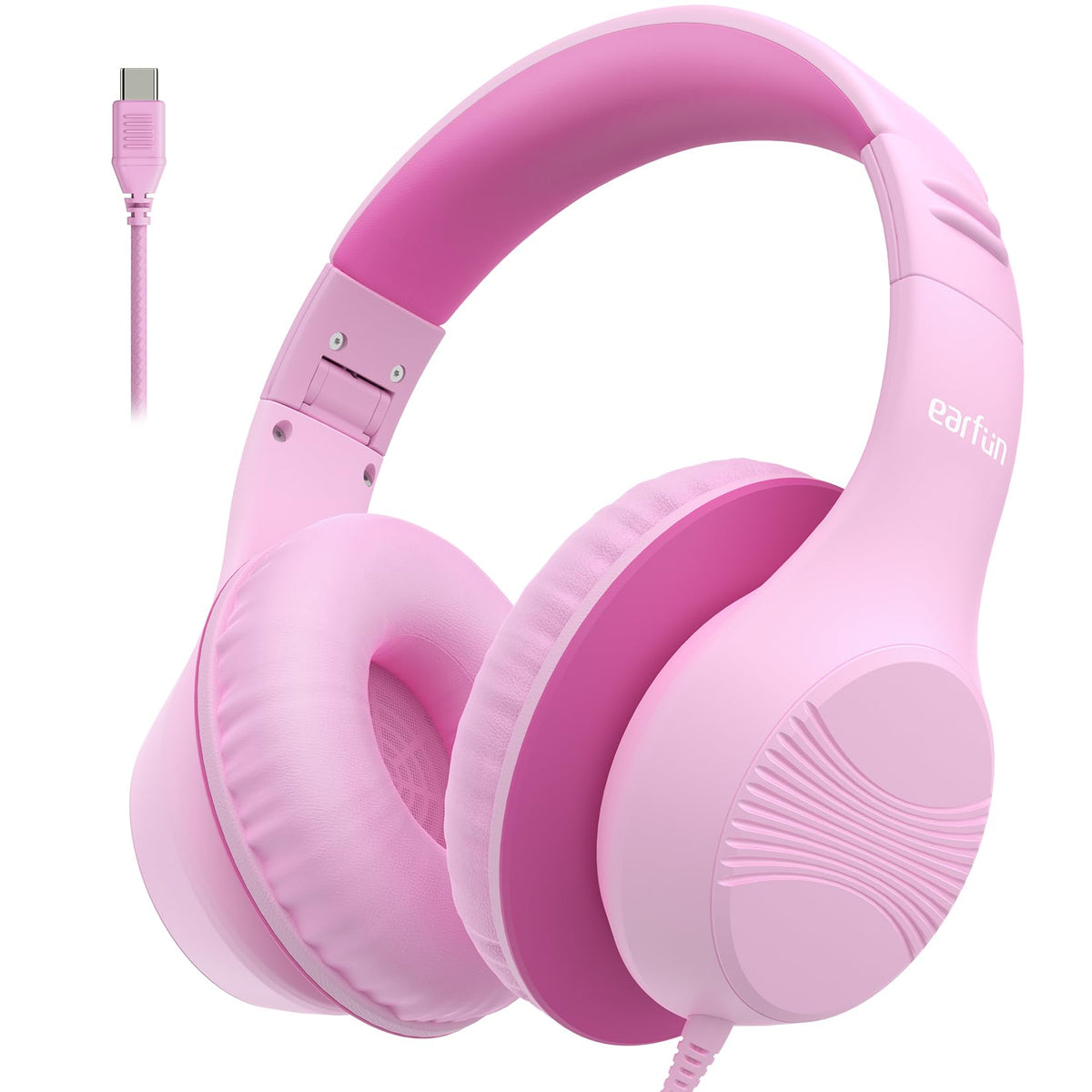 EarFun K3 Kids Headphones Over Ear Headphones for Kids Volume Limit HD Stereo Sound USB-C Cable Comfortable Fit Foldable Wired Headphones for School/Travel/Boys/Girls/Tablet/iPad Pink