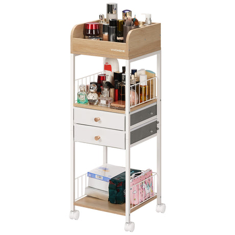 VIVOHOME Makeup Organizer with Drawers Cosmetics Display Cases 2 Shelves Floor Skincare Organizer Cart Vanity Organizer Holder for Perfumes Nail Polish Hair Tools Gift for Mom Wood Color