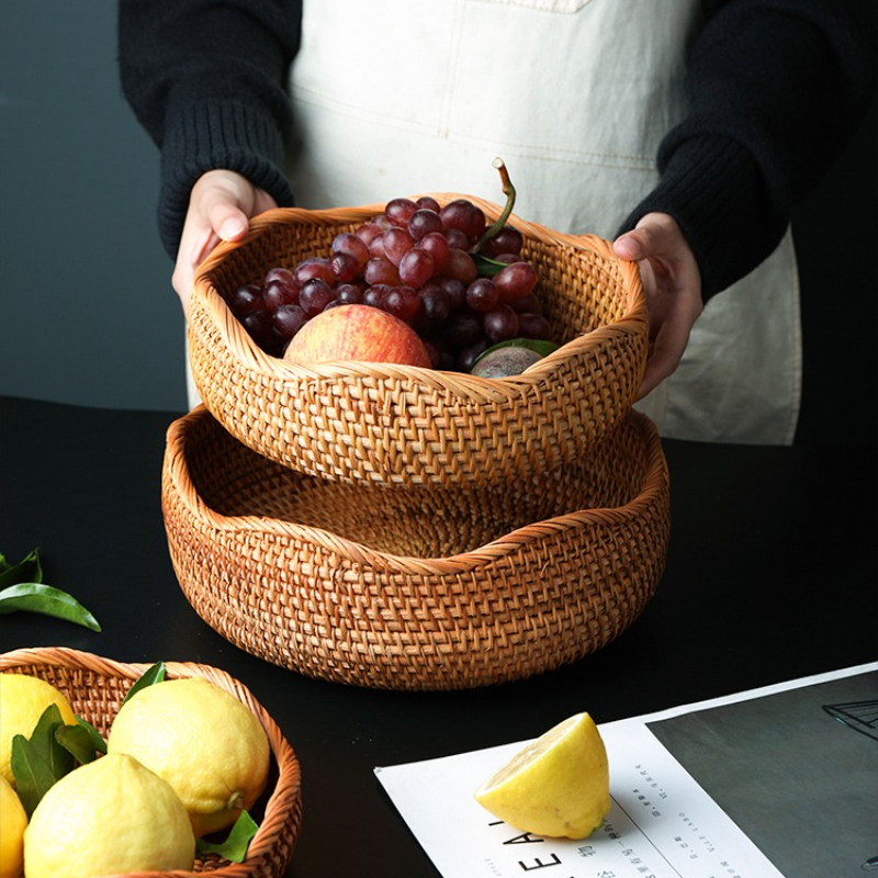 Hand-Woven Rattan Storage Basket for Kitchen & Picnic