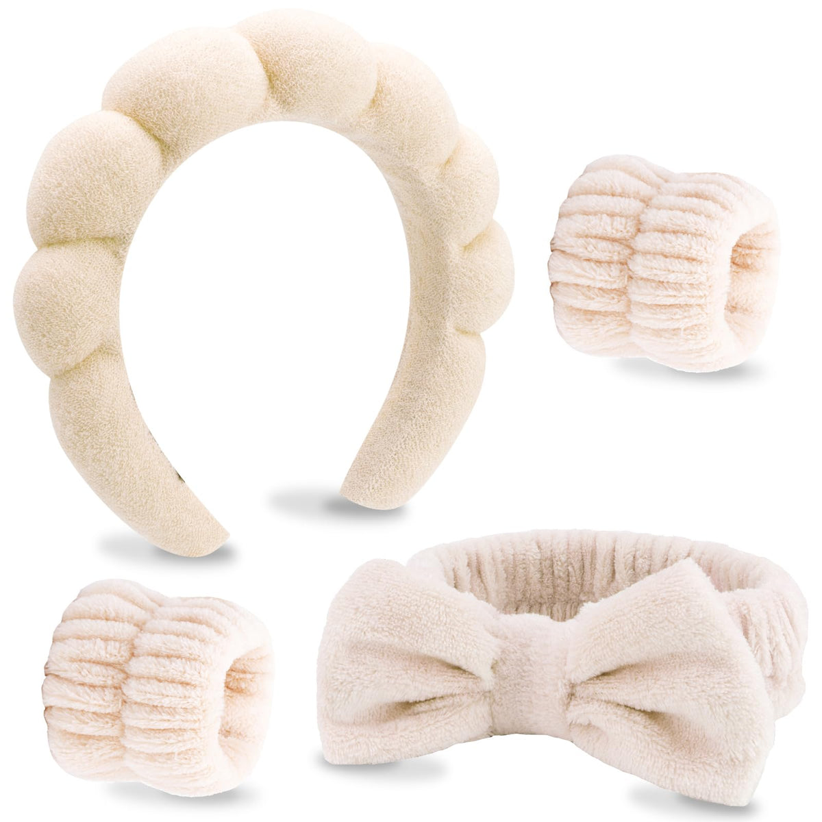 VELSCRUN 4 Pcs Spa Headband Face Wash Headband Khaki Bow Tie Bubble Microfiber Hairband for Women Hair Accessories Gifts