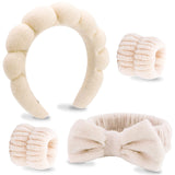 VELSCRUN 4 Pcs Spa Headband Face Wash Headband Khaki Bow Tie Bubble Microfiber Hairband for Women Hair Accessories Gifts