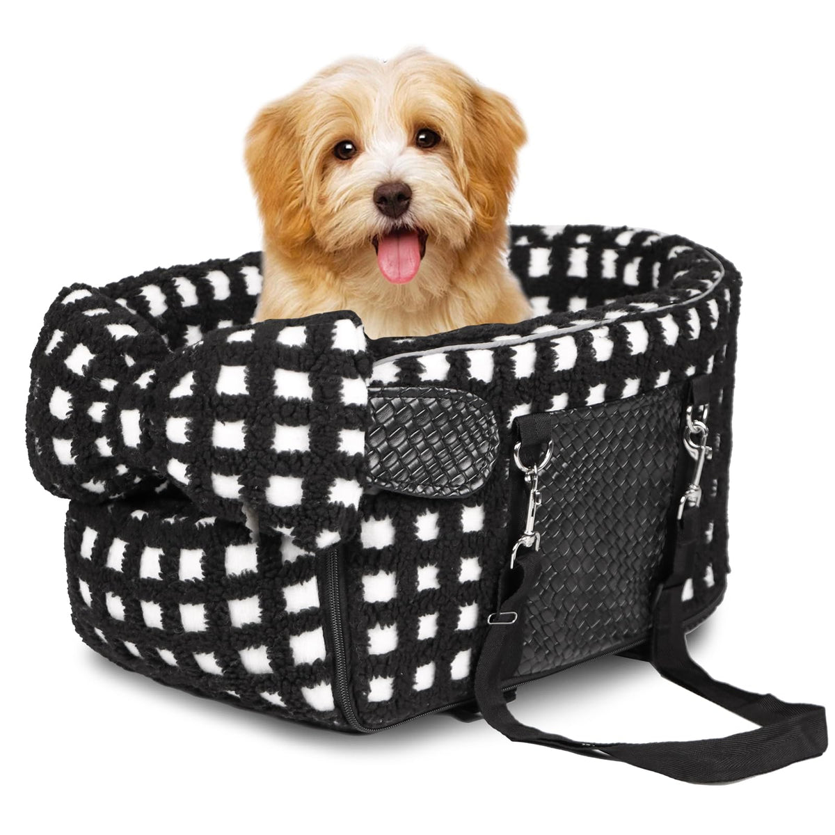 Prpeko Dog Car Seat for Small DogsCenter Console Seat for PuppyDog Cat Booster Car Seat Portable Car Armrest Seat for Dog & Cat Under 13 lbsPet Car Seat with Cozy Bow Neck Pillow (Grid-Black)