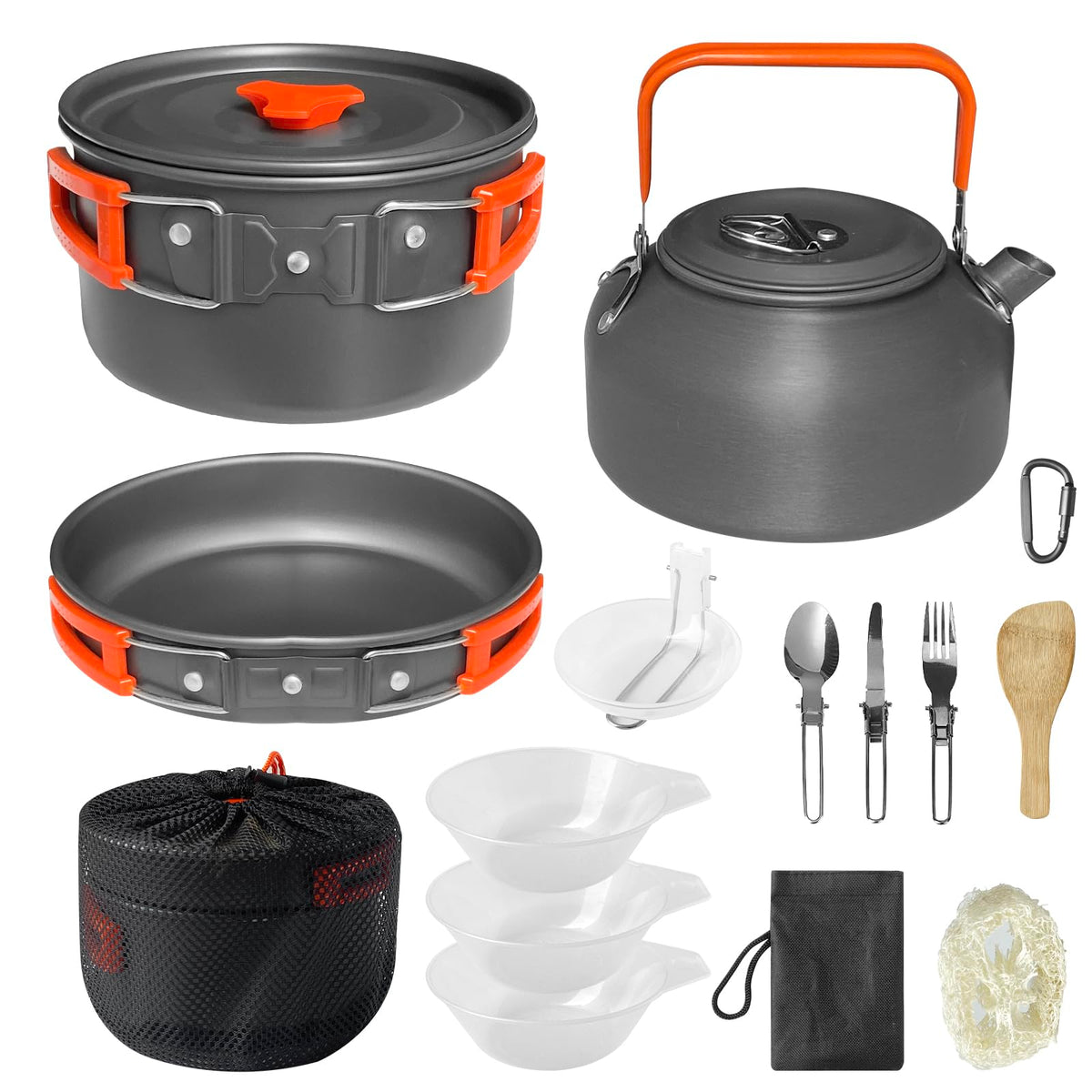 LSOSVSEU 15pcs Camping Cookware 1.7L Pot 7inches Pan 0.8L Kettle Set with Plates Stainless Steel Forks Knives Spoons Camping Cookware Mess Kit for HikingCampingBackpackingOutdoor Cooking