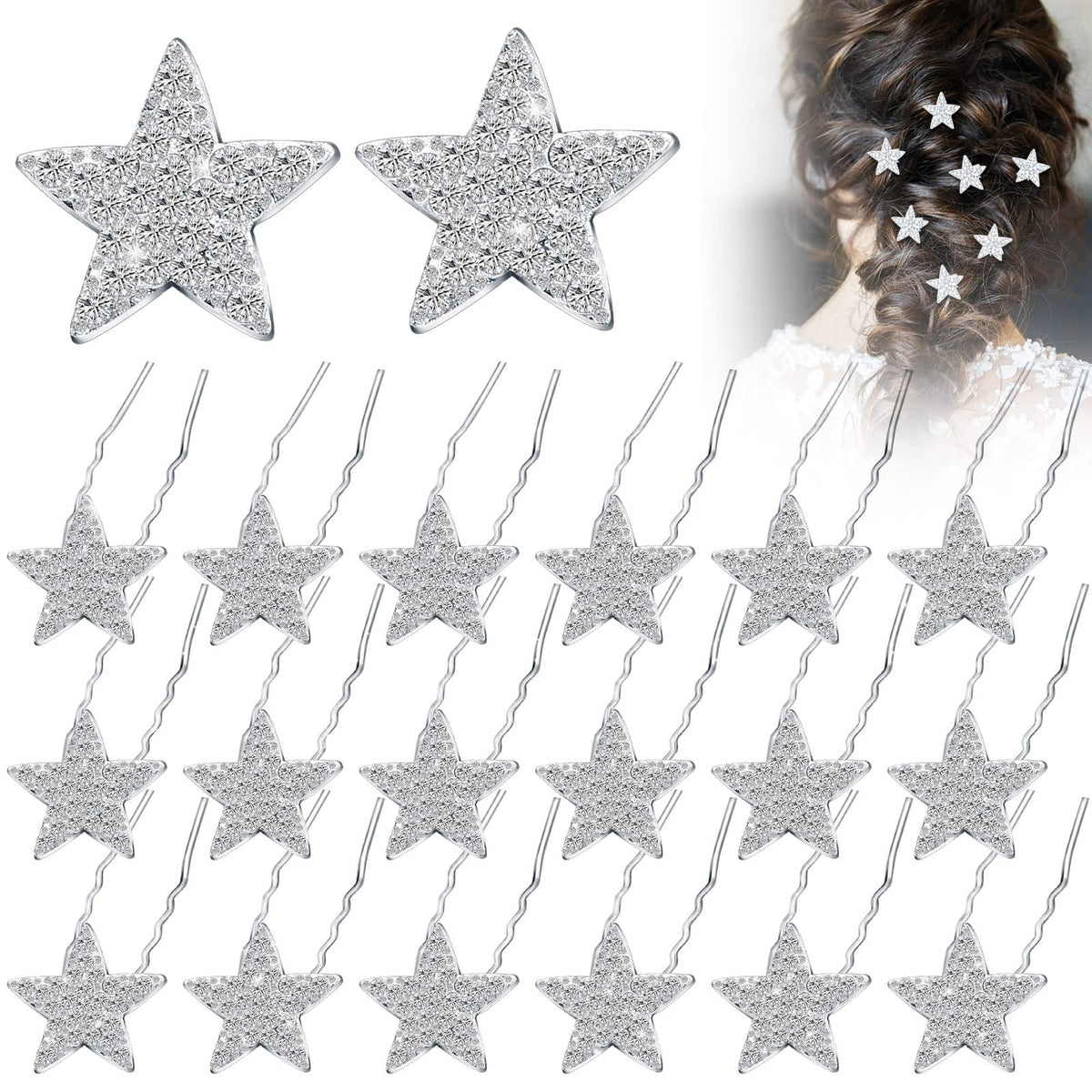 MTLEE 20 Pieces Star Rhinestone Hair Pins Bling Hair Clips Crystal Wedding Hair Clips for Brides Glitter Star for Girl Women Hair Accessories(Silver)