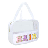 Chenille Letter Patch Clear BagPreppy Multi-purpose PVC&Nylon Clear Makeup Bag with HandlesLarge Travel Makeup Toiletry Storage Zipper Pouch Tote Bag for Women (White-HAIR)