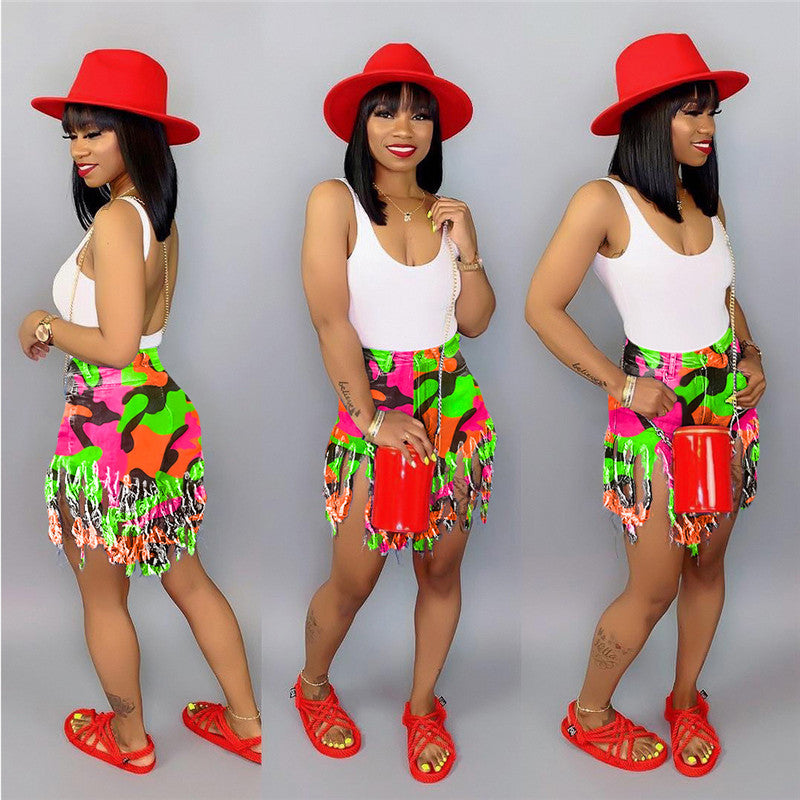 Fringed Camouflage Print Shorts for Women