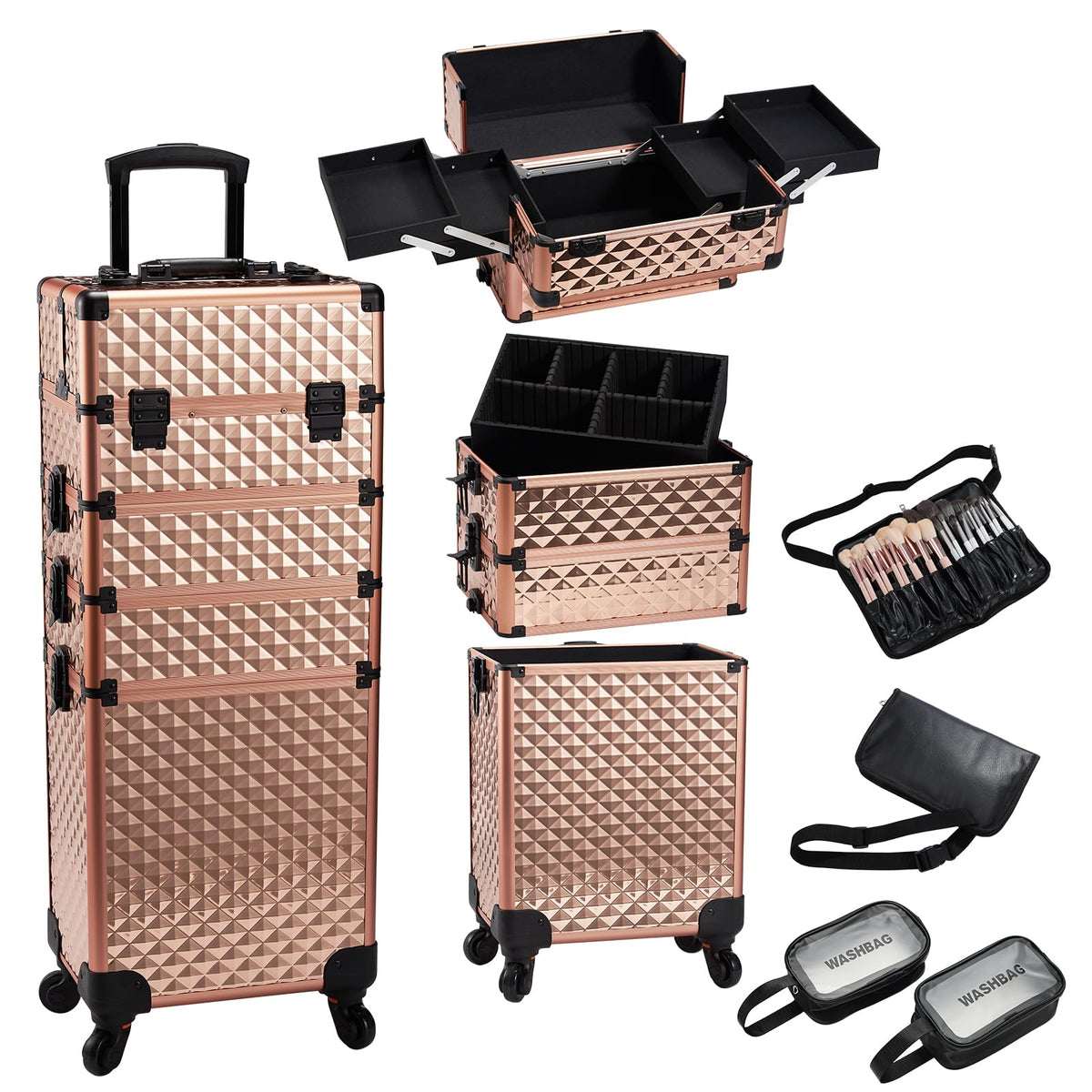 Stagiant Rolling Makeup Train Case Large Storage Cosmetic Case Trolley 4 in 1 Large Capacity Cosmetology Case on Wheel with Brush Waist Bag Makeup Travel Case with Swivel Wheels Salon Barber Trunk