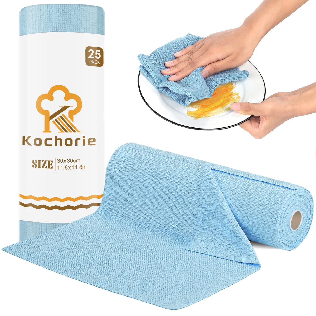 Kochorie 25 Pack Microfiber Cleaning Cloth Roll Reusable Tear Away Microfiber Towels for Cars 11.8"x11.8" Cleaning Rags Absorbent Microfiber Cleaning Supplies Dish Rags for Car Kitchen House Blue