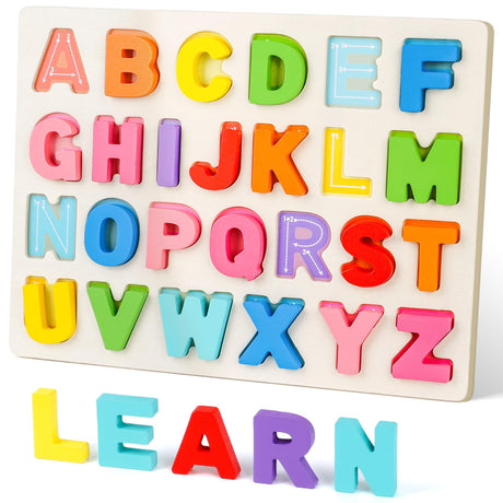 AMOR PRESENT Alphabet Wooden Puzzle Shape Jigsaw for Toddlers Ages 3-5 Preschool Educational Toy for Girls and Boys