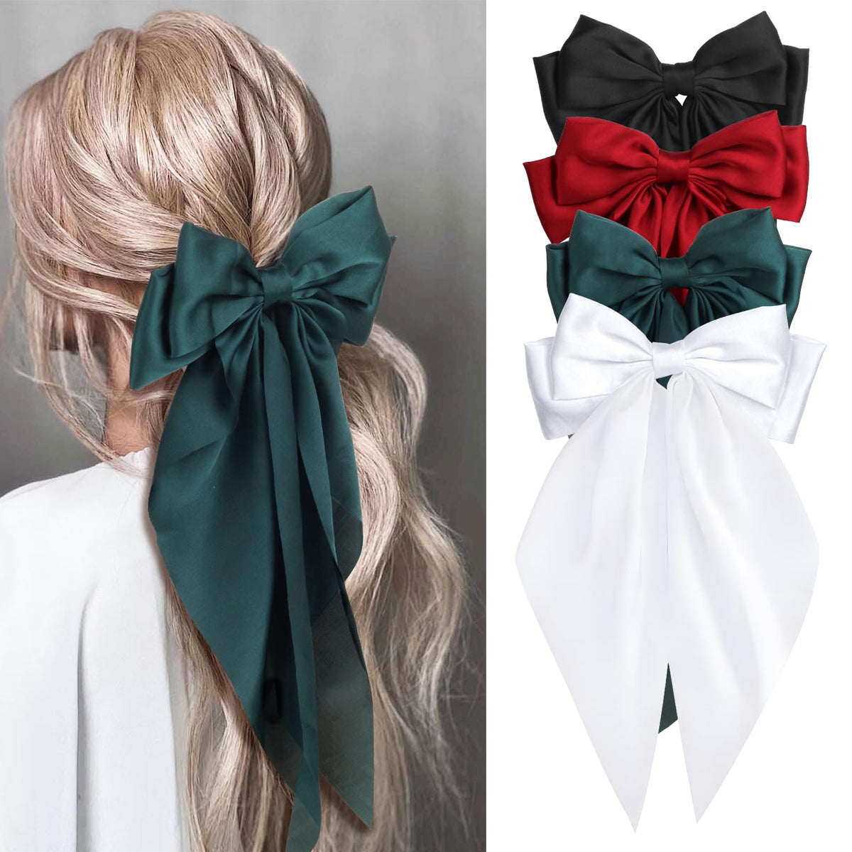 MIKONIKO Silky Satin Hair Bows for Women Girls - 4PCS Ribbon Bows for Hair Big Bow Hair Clips with Long Tail Barrettes - Cute Hair Accessories Gifts (Black Red Green White)