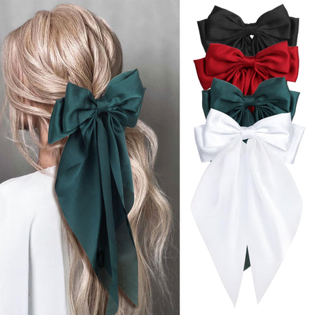 MIKONIKO Silky Satin Hair Bows for Women Girls - 4PCS Ribbon Bows for Hair Big Bow Hair Clips with Long Tail Barrettes - Cute Hair Accessories Gifts (Black Red Green White)