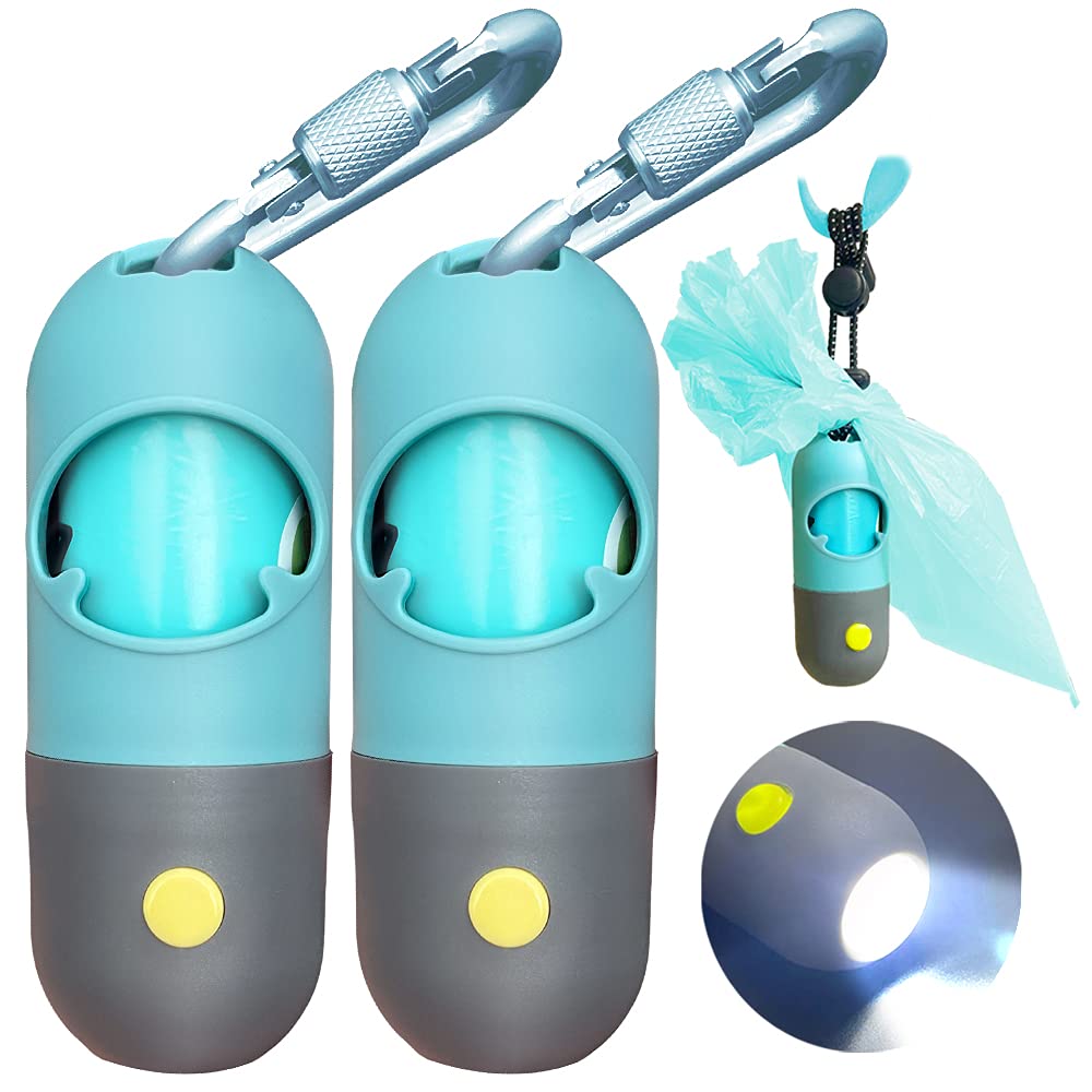 Dog Poop Bag Dispenser with Built-in LED Flashlight and Metal Clip for Leash 2 PCS Pet Waste Bag Holder Dog Walking Accessory Crystal Blue
