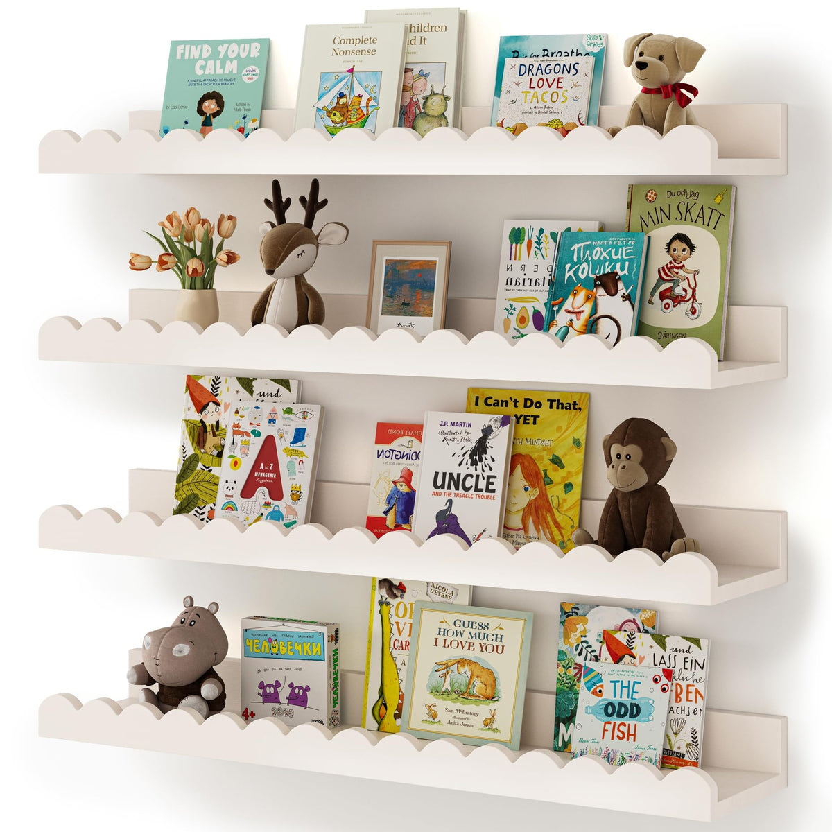 Nursery Book Shelves 4-Pack White Floating Shelves for Wall Kids Scalloped Shelves Wall Book Shelves for Bedroom Kids Toddler Room Baby Room Nursery Decor