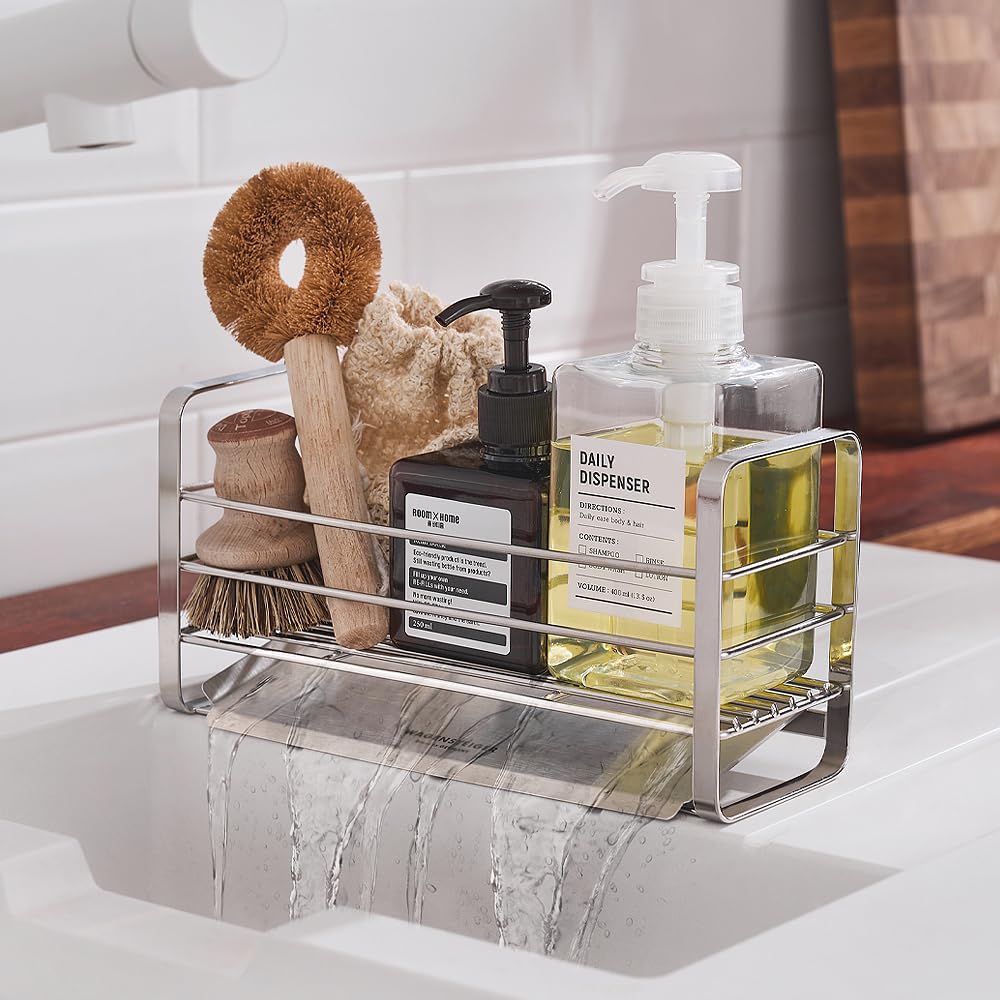 WAGENSTEIGER Stainless Steel Kitchen Sink Caddy Sponge Holder Soap Dispenser Sink Organizer with Removable Drainer Tray Washbasin Caddy Sink Drying Rack with Sloped Design