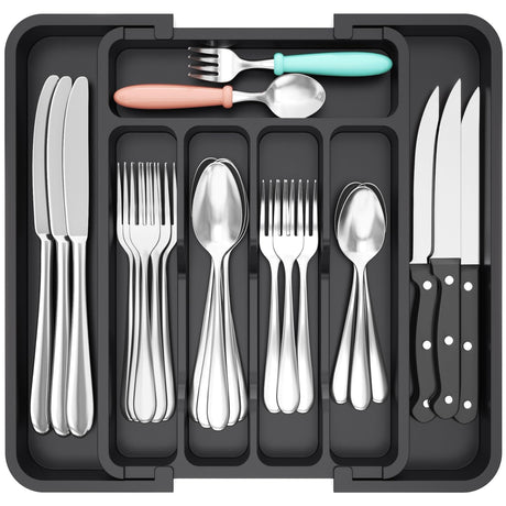 Lifewit Silverware Drawer Organizer Expandable BPA Free Utensil Tray for Kitchen Adjustable Flatware and Cutlery Holder for Spoons Forks Knives Plastic Kitchen Organizers and Storage Black