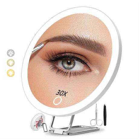 6“ 30X Strong Magnifying Mirror for Close up Detailed Make-up for The ElderlyLed Magnified Mirror with LightsHigh Magnification Round Makeup Mirror with Lights Scissors SetsGifts for Women for Her