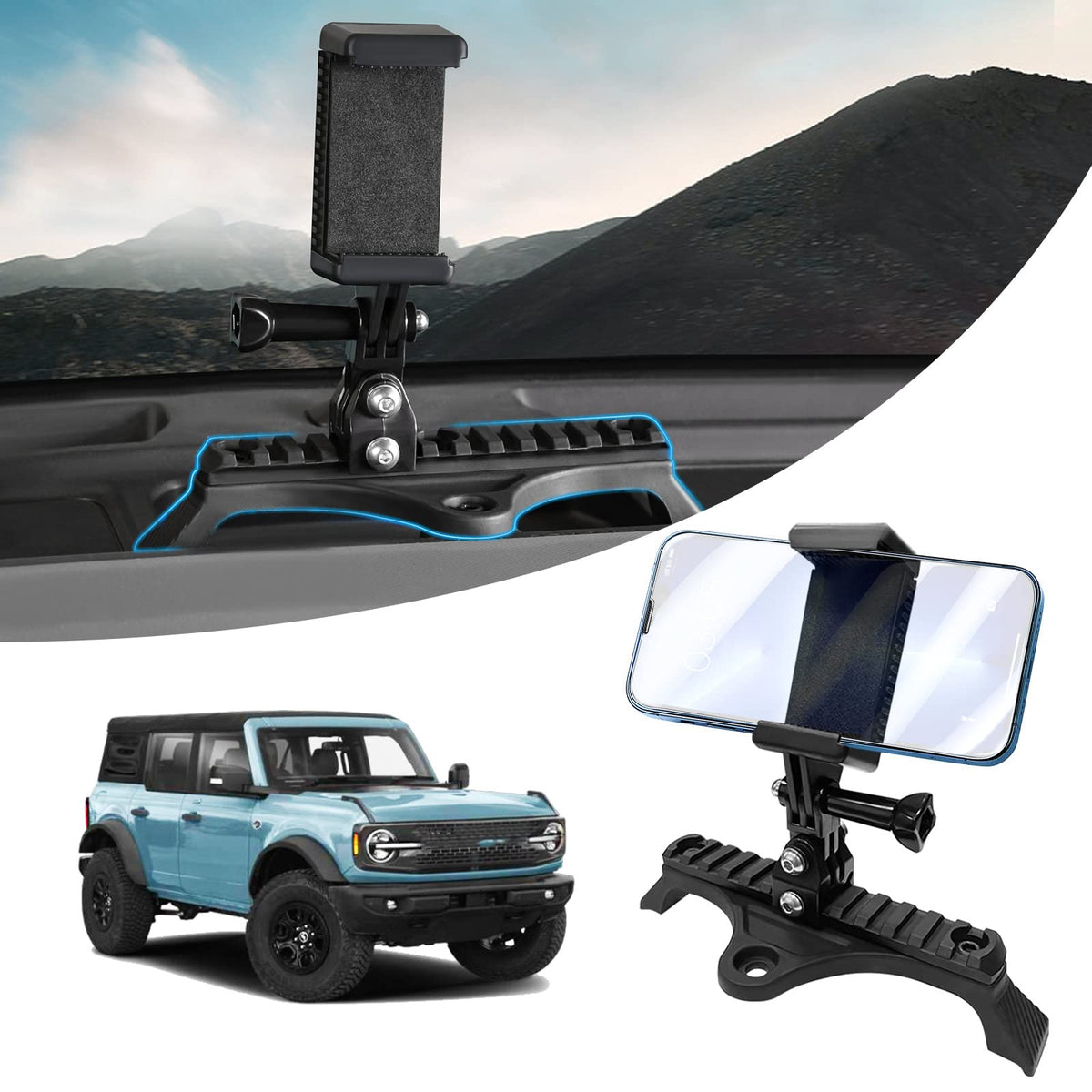 Sunsdrew Custom Fit for Car Phone Holder Ford Bronco 2021-2025 Dash Cell Phone Holder Picatinny Rail Bronco Phone Mount for iPhone Samsung Moto LG and Other Smartphones