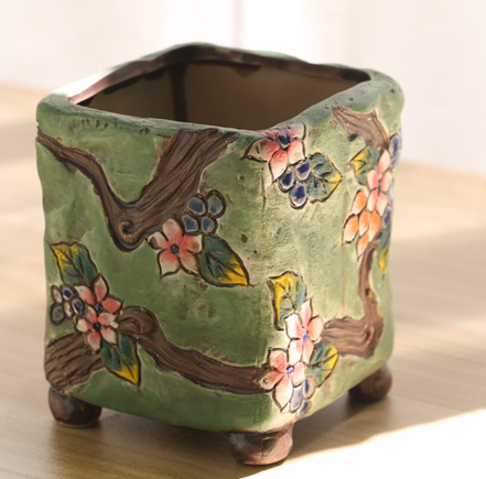Hand-Painted Diamond-Embedded Square Ceramic Planter